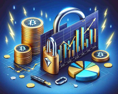 Create an illustrated image that represents the news of a big investment shift in an anonymous cryptocurrency company. The image should include elements such as stacked coins with a padlock (symbolizing security and crypto) and a 3D pie-chart representing changes in holdings (showing the major change). Add some lightning effects to strike the deadline, representing the 'shake-up', and make these elements appear in a high-definition and realistic manner.