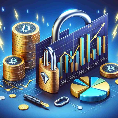 Create an illustrated image that represents the news of a big investment shift in an anonymous cryptocurrency company. The image should include elements such as stacked coins with a padlock (symbolizing security and crypto) and a 3D pie-chart representing changes in holdings (showing the major change). Add some lightning effects to strike the deadline, representing the 'shake-up', and make these elements appear in a high-definition and realistic manner.