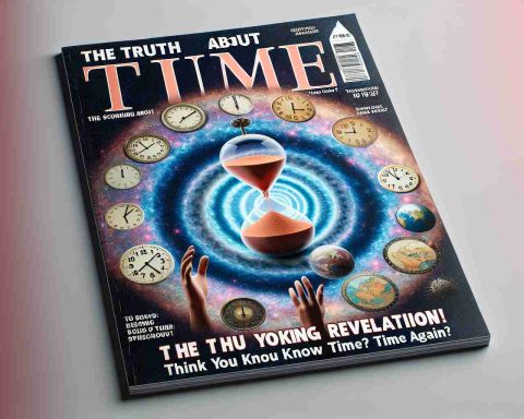 A realistic high-definition photograph of a sensational magazine or science journal cover with the headline: 'The Truth About Time: Shocking Revelation! Think You Know Time? Think Again'. The cover features visuals related to time like sand clocks, time vortex, patchwork of different time zones, a puzzled human figure, and an element of mystery and surprise.