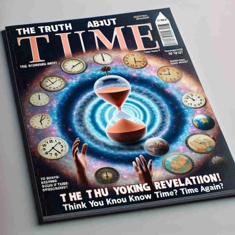 A realistic high-definition photograph of a sensational magazine or science journal cover with the headline: 'The Truth About Time: Shocking Revelation! Think You Know Time? Think Again'. The cover features visuals related to time like sand clocks, time vortex, patchwork of different time zones, a puzzled human figure, and an element of mystery and surprise.