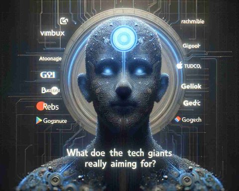 Realistically rendered high-definition image, visually representing the concept of an artificial intelligence-driven surge causing a debate. The adjacent text asks the question: 'What are the Tech Giants Really Aiming For?' Logos for large, abstract tech companies are subtly incorporated into the background of the design.