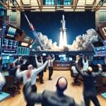 A realistic, high-definition photo depicting the metaphorical concept of SpaceX's valuation shocking Wall Street. The image could include the stock exchange floor as the foreground with traders showing expressions of surprise or disbelief. The background could feature a projection screen displaying a SpaceX launch, representing its soaring valuation. Please ensure no specific people or recognizable figures are included in the image.