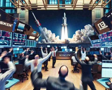 A realistic, high-definition photo depicting the metaphorical concept of SpaceX's valuation shocking Wall Street. The image could include the stock exchange floor as the foreground with traders showing expressions of surprise or disbelief. The background could feature a projection screen displaying a SpaceX launch, representing its soaring valuation. Please ensure no specific people or recognizable figures are included in the image.