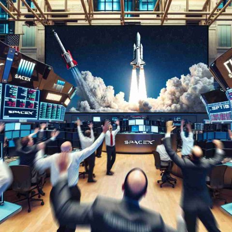 A realistic, high-definition photo depicting the metaphorical concept of SpaceX's valuation shocking Wall Street. The image could include the stock exchange floor as the foreground with traders showing expressions of surprise or disbelief. The background could feature a projection screen displaying a SpaceX launch, representing its soaring valuation. Please ensure no specific people or recognizable figures are included in the image.