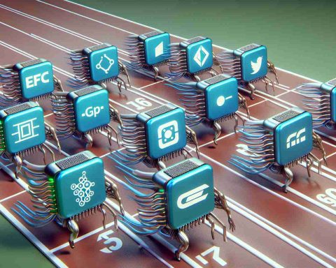 Realistic high definition depiction of an ongoing competition metaphorically referred to as the AI Chip Race. Illustrate various AI chips represented as running in a race track, with each one emblazoned with a generic symbol representing different tech corporations, implying their race in technological advancements in the AI chip industry. No specific companies should be distinguishable or indicated.