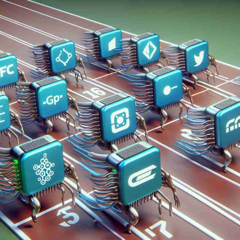 Realistic high definition depiction of an ongoing competition metaphorically referred to as the AI Chip Race. Illustrate various AI chips represented as running in a race track, with each one emblazoned with a generic symbol representing different tech corporations, implying their race in technological advancements in the AI chip industry. No specific companies should be distinguishable or indicated.