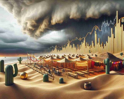 A high-definition, realistic photograph of a conceptual scene depicting a market rally metaphorically built on sand, implying instability. The image illustrates unseen risks looming in the backdrop, portrayed as storm clouds gathering in the distance over a sandy beach where a festive market rally is taking place.