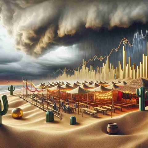 A high-definition, realistic photograph of a conceptual scene depicting a market rally metaphorically built on sand, implying instability. The image illustrates unseen risks looming in the backdrop, portrayed as storm clouds gathering in the distance over a sandy beach where a festive market rally is taking place.