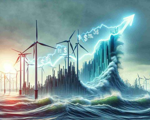 A high-definition, realistic depiction of the concept of renewable energy's tumultuous journey, represented through the metaphorical 'stock drama'. An abstract representation of wind turbine company's stock value rising and falling, maybe through a roller coaster ride or turbulent ocean, signifying the unpredictable nature of the market.