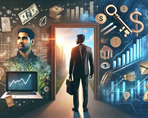 Generate a realistic HD image depicting the concept of 'Unlocking Investment Secrets'. Include imagery such as keys, graphs, monetary symbols, and perhaps a symbolic door leading to a hidden treasure. Additionally, depict a man of South Asian descent who is transitioning from a role as an IT expert, symbolized by elements like computers or coding, towards a journey into investment, perhaps walking on a path filled with investment-related symbols.