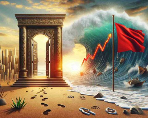 Create a realistic, high-definition image that metaphorically represents the concept of a stock's surprising trends. This should include a grand opportunity symbolized by a large, golden doorway opening to a bustling marketplace, and a red flag symbolizing danger or risk, flapping in the breeze alongside a footprint-filled beach. Meanwhile, a line graph fluctuating dramatically should be superimposed on the scene, depicting the unpredictable movements of the stock market.