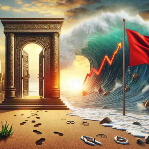 Create a realistic, high-definition image that metaphorically represents the concept of a stock's surprising trends. This should include a grand opportunity symbolized by a large, golden doorway opening to a bustling marketplace, and a red flag symbolizing danger or risk, flapping in the breeze alongside a footprint-filled beach. Meanwhile, a line graph fluctuating dramatically should be superimposed on the scene, depicting the unpredictable movements of the stock market.