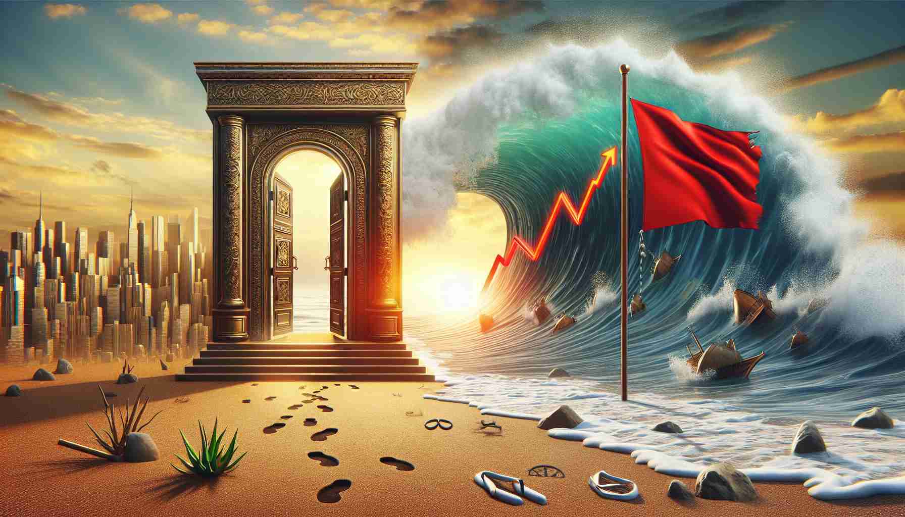 Create a realistic, high-definition image that metaphorically represents the concept of a stock's surprising trends. This should include a grand opportunity symbolized by a large, golden doorway opening to a bustling marketplace, and a red flag symbolizing danger or risk, flapping in the breeze alongside a footprint-filled beach. Meanwhile, a line graph fluctuating dramatically should be superimposed on the scene, depicting the unpredictable movements of the stock market.