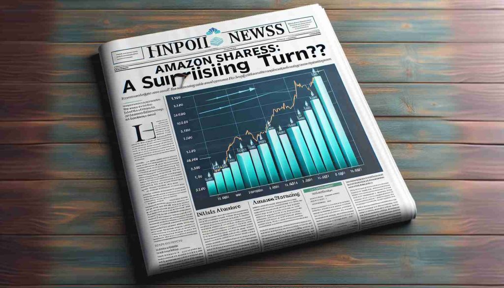 Depict a realistic, high-definition image of a financial newspaper with the headline 'Amazon Shares: A Surprising Turn?' and a subheading that reads 'Investors Take Notice'. The page should include a bar graph showing upward trending statistics of Amazon's stock, complemented by small paragraphs of related news. It would create an atmosphere of anticipation and alertness among its readers.