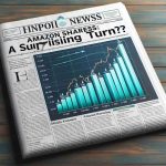 Depict a realistic, high-definition image of a financial newspaper with the headline 'Amazon Shares: A Surprising Turn?' and a subheading that reads 'Investors Take Notice'. The page should include a bar graph showing upward trending statistics of Amazon's stock, complemented by small paragraphs of related news. It would create an atmosphere of anticipation and alertness among its readers.