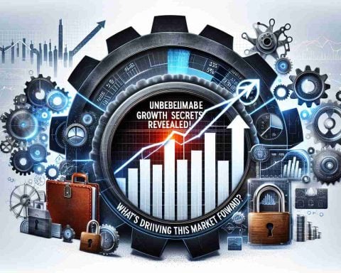 Generate a realistic HD image that symbolizes the concept of 'Unbelievable Growth Secrets Revealed! What's Driving This Market Forward?' Consider including elements such as a upward trending graphs, charts reflecting impressive progress, confidential files being unlocked, and a gear mechanism to represent the engine driving the market.