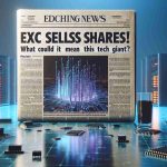 A true to life, high definition image of a newspaper headline conveying 'Exec Sells Shares! What Could it Mean for This Tech Giant?' with an accompanying article underneath. The scene suggests potential changes in a large technology company. Below the headline, a placeholder image is visible, signifying a tech company with subtle elements such as microchips, abstract graphics, server racks and other related tech items.