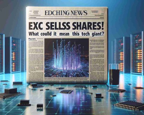 A true to life, high definition image of a newspaper headline conveying 'Exec Sells Shares! What Could it Mean for This Tech Giant?' with an accompanying article underneath. The scene suggests potential changes in a large technology company. Below the headline, a placeholder image is visible, signifying a tech company with subtle elements such as microchips, abstract graphics, server racks and other related tech items.