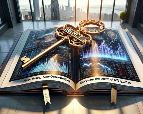 A hyper-realistic, high-definition image portraying the concept of "New Rules, New Opportunities? Discover the Secret of IPO Quotas". The image could feature a large, open book displaying complex financial charts on one page and new laws related to IPOs on the other. A golden key with 'secret' engraved on it lays on top of the charts. The backdrop could consist of a sleek office setting with skyscrapers visible through a glass window, symbolizing the stock market. The overall mood should be one of opportunity and intrigue.