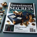 A high-definition, realistic image of the cover of an imaginary financial news publication. The headline reads 'Investment Secrets: A Billionaire's Bold Bet!' A subheading underneath delves into the details, 'What's Next for CVR Partners?' The cover should have elements associated with business and finance, like stock market graphs, a luxurious pen, coins, and briefcase along with subtle signs of wealth and investment like golden bull and bear figurines. Include colors like blue and green that are often associated with trust and money, while maintaining a professional and sleek layout.