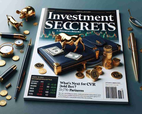 A high-definition, realistic image of the cover of an imaginary financial news publication. The headline reads 'Investment Secrets: A Billionaire's Bold Bet!' A subheading underneath delves into the details, 'What's Next for CVR Partners?' The cover should have elements associated with business and finance, like stock market graphs, a luxurious pen, coins, and briefcase along with subtle signs of wealth and investment like golden bull and bear figurines. Include colors like blue and green that are often associated with trust and money, while maintaining a professional and sleek layout.