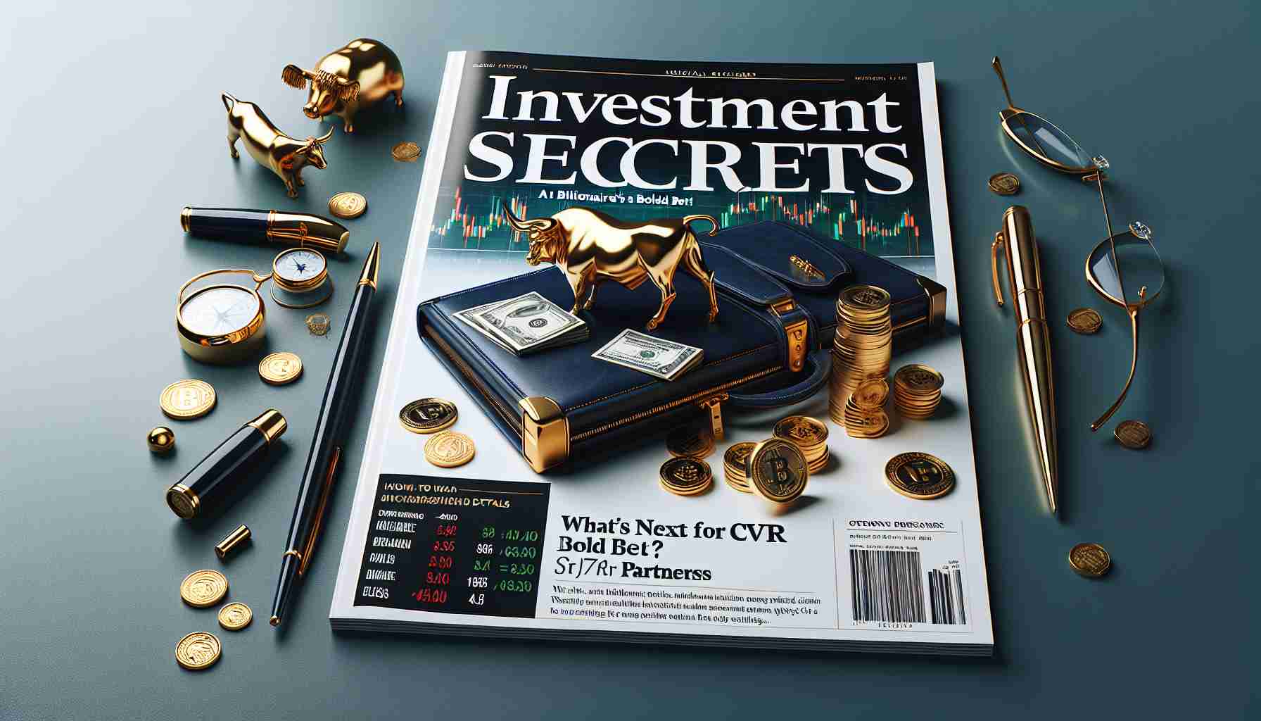 A high-definition, realistic image of the cover of an imaginary financial news publication. The headline reads 'Investment Secrets: A Billionaire's Bold Bet!' A subheading underneath delves into the details, 'What's Next for CVR Partners?' The cover should have elements associated with business and finance, like stock market graphs, a luxurious pen, coins, and briefcase along with subtle signs of wealth and investment like golden bull and bear figurines. Include colors like blue and green that are often associated with trust and money, while maintaining a professional and sleek layout.