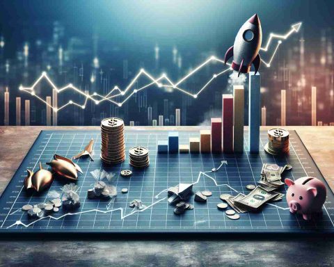 Create a realistic high definition photo of a conceptual representation of a notable politician's impact on the financial market, revealing winners and losers. Picture a graph showing the change in the market as a primary focus, with symbols representing winners like a rising rocket, or a stack of coins, and losers like a sinking ship or a broken piggy bank.