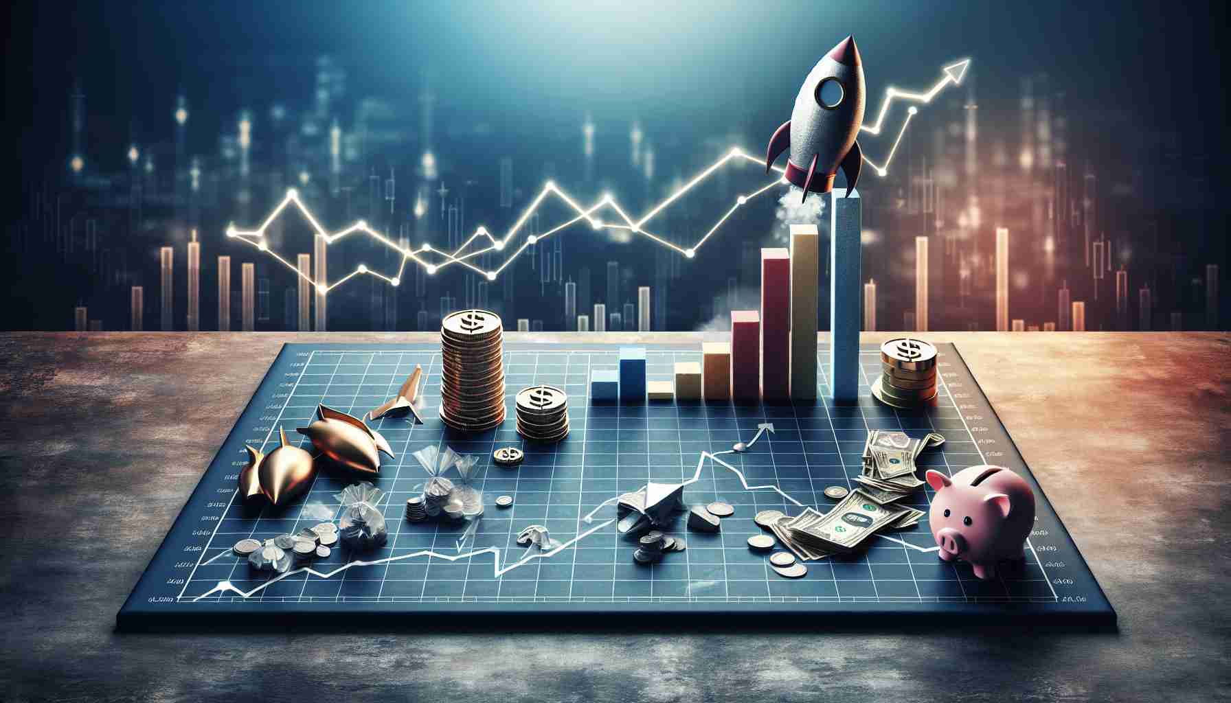 Create a realistic high definition photo of a conceptual representation of a notable politician's impact on the financial market, revealing winners and losers. Picture a graph showing the change in the market as a primary focus, with symbols representing winners like a rising rocket, or a stack of coins, and losers like a sinking ship or a broken piggy bank.