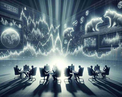 A high-definition, realistic image of a conceptual representation of stock market volatility. The design demonstrates unseen forces through visual metaphors such as fluctuating line graphs, indicators, or symbols like bulls and bears. Scenes of brokers conferencing in panic, stock tickers running out of control, and screens showing rising and falling numbers to signify the constant changes in the market. The light cast on the scene adds a sense of tension and urgency.