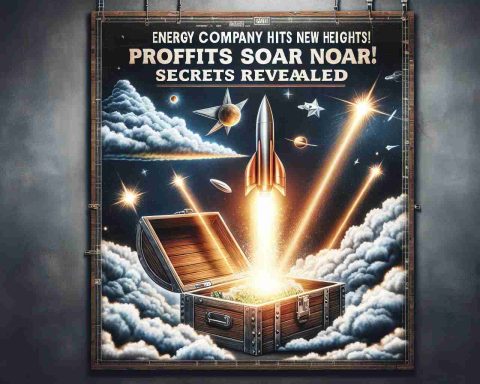 A highly detailed, realistic image showcasing an emblematic representation of an energy company achieving unprecedented boom. Picture a soaring rocket amid clouds, symbolizing escalated profits. Alongside, envisage a chest full of hidden secrets now opened, with light emitting from inside denoting revelation of secrets. Include small text in the corner that reads: 'Energy Company Hits New Heights! Profits Soar, Secrets Revealed.'