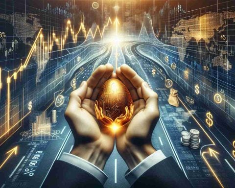 An intricate representation showing the concept of making financial investments. Imagine a pair of hands delicately holding a golden egg as a symbol of financial security. The background should be a stock market chart, highlighting the upward trend, and a split road showcasing different investment options - perhaps filled with distinct symbols of various industries. Please include some finance-related icons, like dollar signs and percentage symbols. Provide rich details to make the image feel realistic and in a high-definition quality.