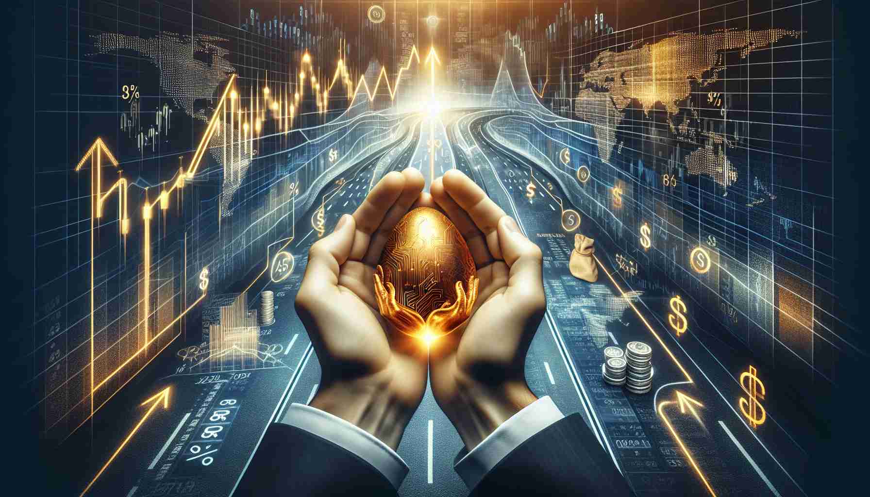 An intricate representation showing the concept of making financial investments. Imagine a pair of hands delicately holding a golden egg as a symbol of financial security. The background should be a stock market chart, highlighting the upward trend, and a split road showcasing different investment options - perhaps filled with distinct symbols of various industries. Please include some finance-related icons, like dollar signs and percentage symbols. Provide rich details to make the image feel realistic and in a high-definition quality.