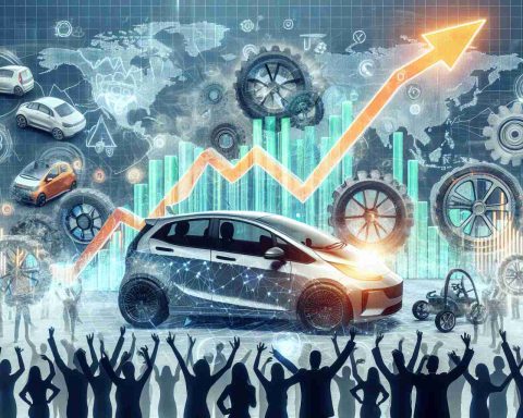 Create a high definition, realistic image of the concept of a stock market revolution, centered around electric vehicle production, illustrating the growing interest in this field. Include visual metaphors like graphs with rising arrows, images of electric vehicles, and background filled with digitally drawn people showing amazement and excitement.