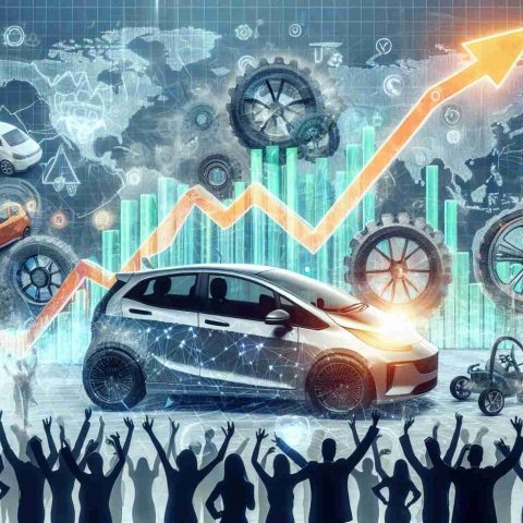 Create a high definition, realistic image of the concept of a stock market revolution, centered around electric vehicle production, illustrating the growing interest in this field. Include visual metaphors like graphs with rising arrows, images of electric vehicles, and background filled with digitally drawn people showing amazement and excitement.