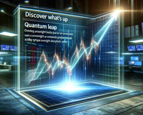 Imagine a dynamic scene illustrating the concept of a 'Quantum Leap' in stock markets. Visualize a stock chart on a digital screen. It starts from a more modest position, then jumps dramatically - a leap symbolizing an overnight skyrocket. The glowing lines on the chart indicate the sudden and unusual increase in stock prices. The surrounding area might suggest a modern stock exchange environment. Against this backdrop, a headline catches the eye: 'Discover What's Up.' Note that this is a metaphorical representation of financial markets and should be rendered in a realistic HD style.