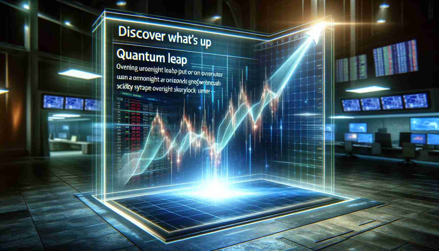 Imagine a dynamic scene illustrating the concept of a 'Quantum Leap' in stock markets. Visualize a stock chart on a digital screen. It starts from a more modest position, then jumps dramatically - a leap symbolizing an overnight skyrocket. The glowing lines on the chart indicate the sudden and unusual increase in stock prices. The surrounding area might suggest a modern stock exchange environment. Against this backdrop, a headline catches the eye: 'Discover What's Up.' Note that this is a metaphorical representation of financial markets and should be rendered in a realistic HD style.