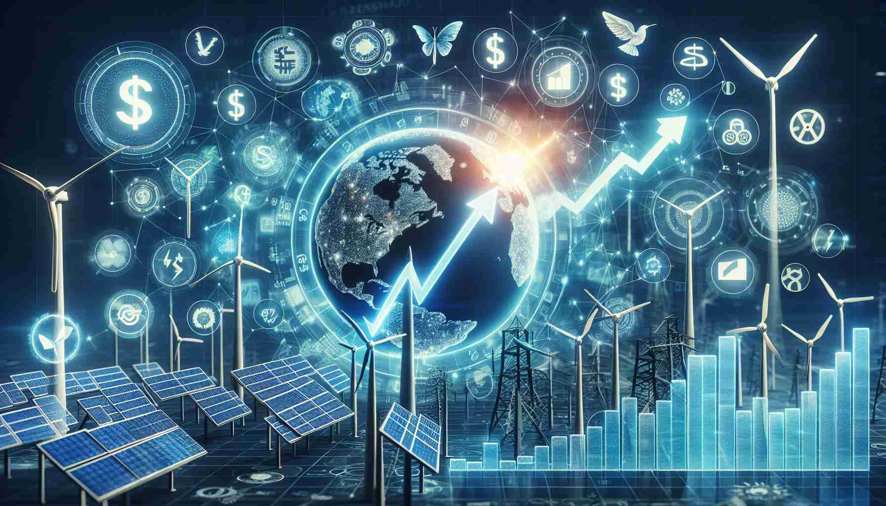 A realistic high-definition image displaying the concept of sustainable investment, represented by futuristic clean energy stocks such as those linked with solar, wind, and hydro power sectors. In this image, currency symbols and rising graphs intertwine with flat iconography of renewable energy technologies, such as solar panels, wind turbines, and hydroelectric dams, capturing the potential future of investment.