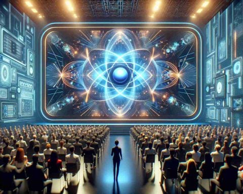 Generate a highly realistic, high-definition image of a futuristic tech unveiling event. The centerpiece of the event is a device that seamlessly combines quantum and classical computing. The image should depict cutting-edge technology, a vibrant atmosphere, and excited attendees. Note: the attendees should be a diverse mix of people of different genders and descents, inclusive of Caucasian, Hispanic, Black, Middle-Eastern, South Asian, and White, all equally excited about this great technology leap.