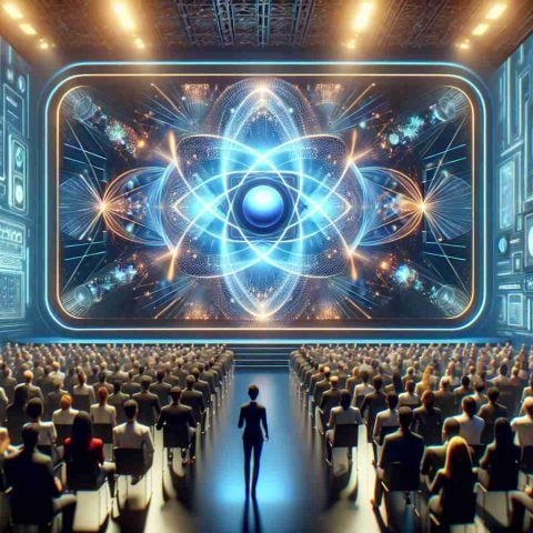 Generate a highly realistic, high-definition image of a futuristic tech unveiling event. The centerpiece of the event is a device that seamlessly combines quantum and classical computing. The image should depict cutting-edge technology, a vibrant atmosphere, and excited attendees. Note: the attendees should be a diverse mix of people of different genders and descents, inclusive of Caucasian, Hispanic, Black, Middle-Eastern, South Asian, and White, all equally excited about this great technology leap.