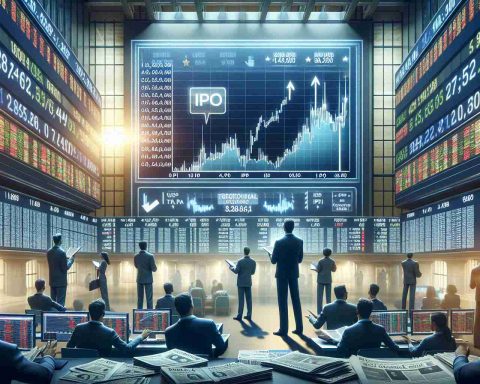 Create a realistic high-definition photo that portrays the hype and excitement surrounding an initial public offering (IPO) of a large energy company. The scene can include people in a stock exchange trading floor, looking at screens displaying stock charts with a significant uptick symbolizing the buzz around the IPO, surrounded by newspapers and digital displays announcing the sensational news.