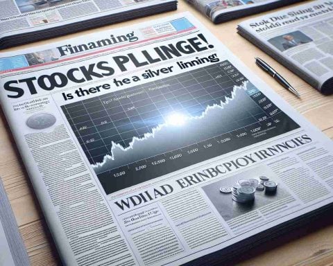 Render a high-definition image of a financial newspaper headline that reads 'Stocks Plunge! Is There a Silver Lining?'. The newspaper should look realistic, with various articles and smaller headlines scattered around the main headline, and a few related graphs, charts or images depicting the stock market situation. There should be a visual suggestion of a silver lining, perhaps symbolically represented - maybe as a sliver of light on the page or an icon on the layout.