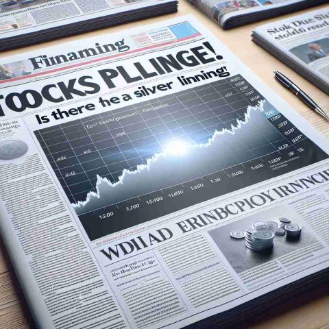 Render a high-definition image of a financial newspaper headline that reads 'Stocks Plunge! Is There a Silver Lining?'. The newspaper should look realistic, with various articles and smaller headlines scattered around the main headline, and a few related graphs, charts or images depicting the stock market situation. There should be a visual suggestion of a silver lining, perhaps symbolically represented - maybe as a sliver of light on the page or an icon on the layout.