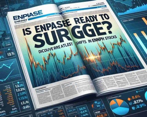 Generate a realistic HD image of a financial report styled page with bold headline stating 'Is Enphase Energy Ready to Surge? Discover the Latest Shifts in ENPH Stocks'. The picture should illustrate stock market graphs, bar charts, and trend lines demonstrating the recent shifts in ENPH stocks, with detailed analysis, numbers and percentages.