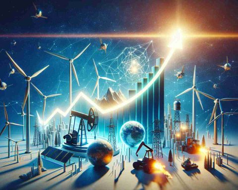 An ultra-high-definition, photorealistic image of a symbolic representation of an energy company reaching new peaks. The scene conveys a sense of celebration and achievement, with a bright, glowing chart skyrocketing upwards to indicate record-breaking success. Visual metaphors of energy, such as solar panels, wind turbines, or traditional oil pumps, are all around to symbolize the industry. Use colours to emphasize positivity and growth.