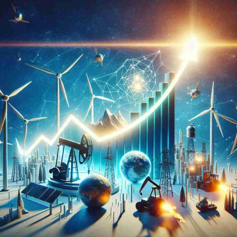 An ultra-high-definition, photorealistic image of a symbolic representation of an energy company reaching new peaks. The scene conveys a sense of celebration and achievement, with a bright, glowing chart skyrocketing upwards to indicate record-breaking success. Visual metaphors of energy, such as solar panels, wind turbines, or traditional oil pumps, are all around to symbolize the industry. Use colours to emphasize positivity and growth.