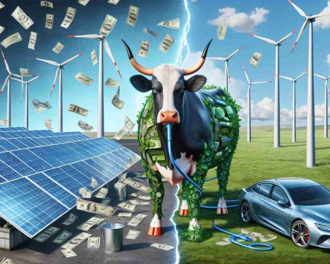 Illustrate a high definition, realistic depiction of the concept 'Is Green Energy the New Cash Cow?' This image should envision green energy technologies, such as solar panels, wind turbines, and electric cars, positioned on one side. On the other side, depict a traditional cash cow, symbolizing prosperity and steady source of profitable income. The two sides should be connected in a way that questions whether green energy is the emerging money-making sector.