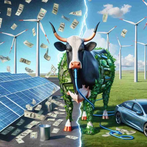 Illustrate a high definition, realistic depiction of the concept 'Is Green Energy the New Cash Cow?' This image should envision green energy technologies, such as solar panels, wind turbines, and electric cars, positioned on one side. On the other side, depict a traditional cash cow, symbolizing prosperity and steady source of profitable income. The two sides should be connected in a way that questions whether green energy is the emerging money-making sector.