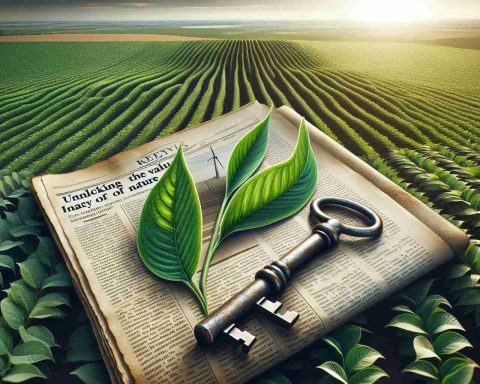 A high-definition, realistic image depicting the theme of 'Unlocking the Value of Nature'. Visualize this as an old, worn key, symbolizing unlocking, resting on a fresh green leaf, symbolizing nature. Further, include a background of sprawling farmland, this represents the fertilizer industry. To symbolize the concept of an IPO shaking up the industry, include a newspaper with a headline about a surprising new entry into the stock market - specifically a company in the fertilizer sector. Please do not include specific company names or logos.