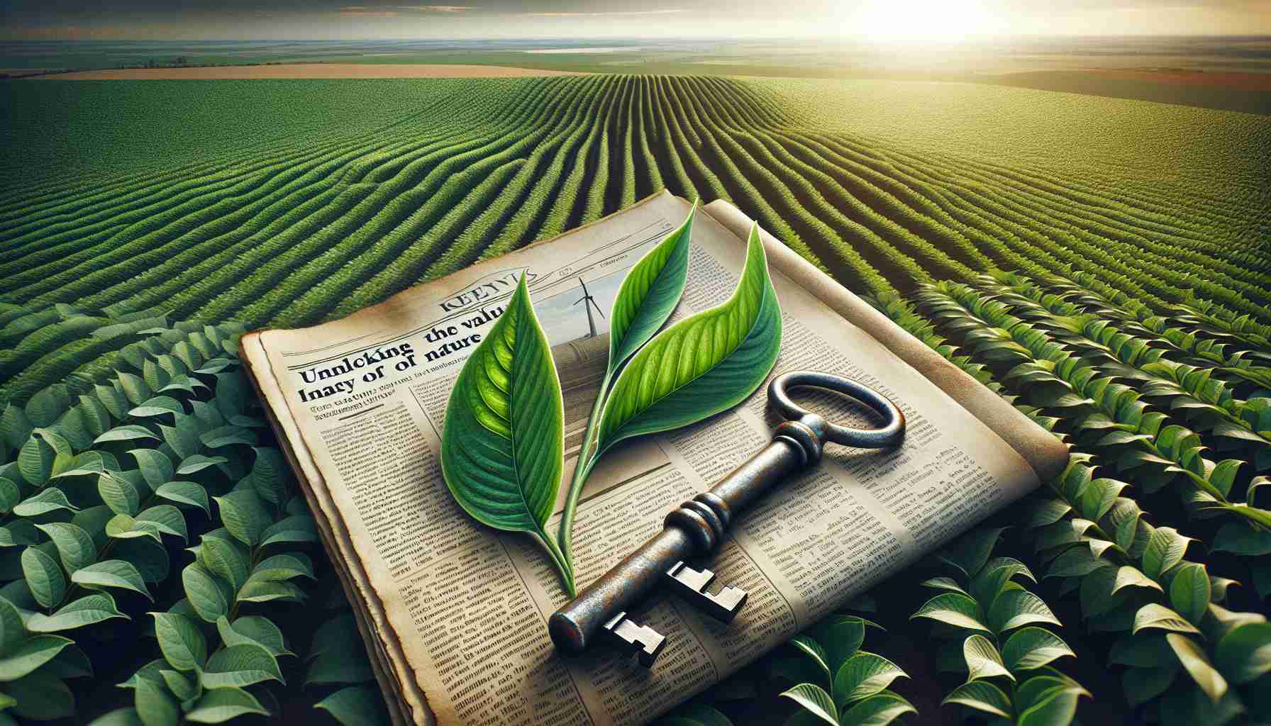 A high-definition, realistic image depicting the theme of 'Unlocking the Value of Nature'. Visualize this as an old, worn key, symbolizing unlocking, resting on a fresh green leaf, symbolizing nature. Further, include a background of sprawling farmland, this represents the fertilizer industry. To symbolize the concept of an IPO shaking up the industry, include a newspaper with a headline about a surprising new entry into the stock market - specifically a company in the fertilizer sector. Please do not include specific company names or logos.