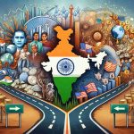 Create a realistic, high-definition image showcasing a metaphorical representation of India's economy at a crossroads. Additionally, depict abstract concepts to demonstrate changes introduced by policies of a generic American politician not including any portraits or people. The image could use symbolic elements like different roads, currency symbols, charts, or globes.